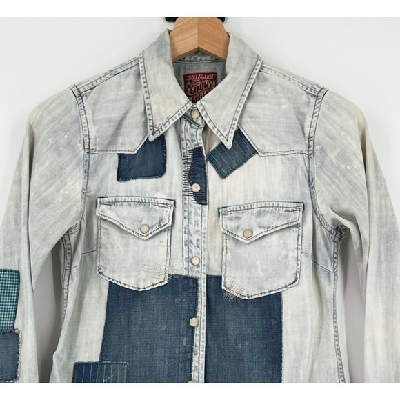 Lucky Brand Legend Denim Patchwork Button Up Shirt XS Western Boho Cottage Farm - Picture 2 of 8